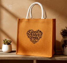 Good Vibes Only Heart Jute Tote Bag